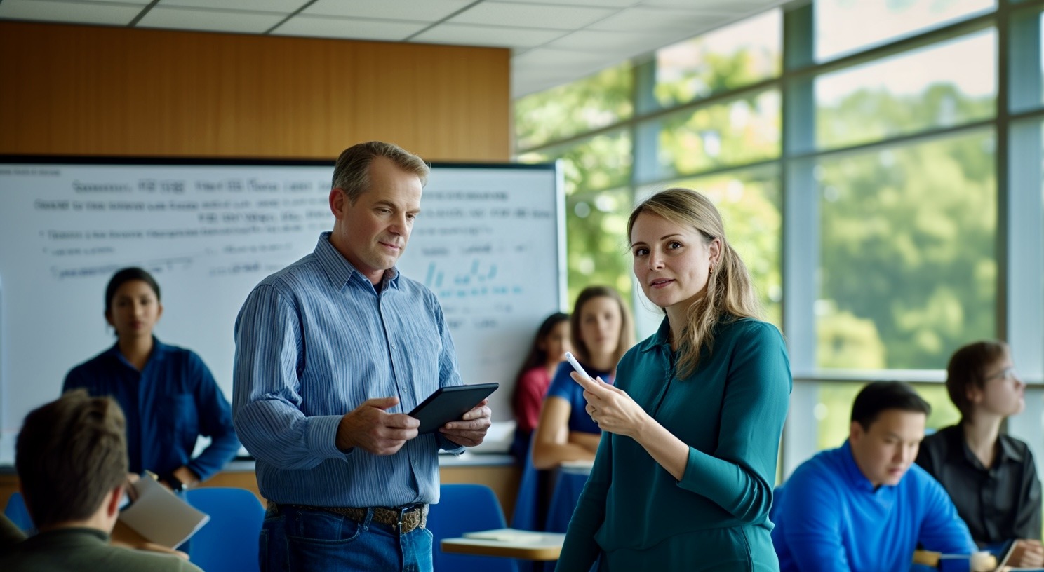 Zwei Lehrende besprechen sich mit Tablet und Smartphone vor einem Seminarraum voller Studierender