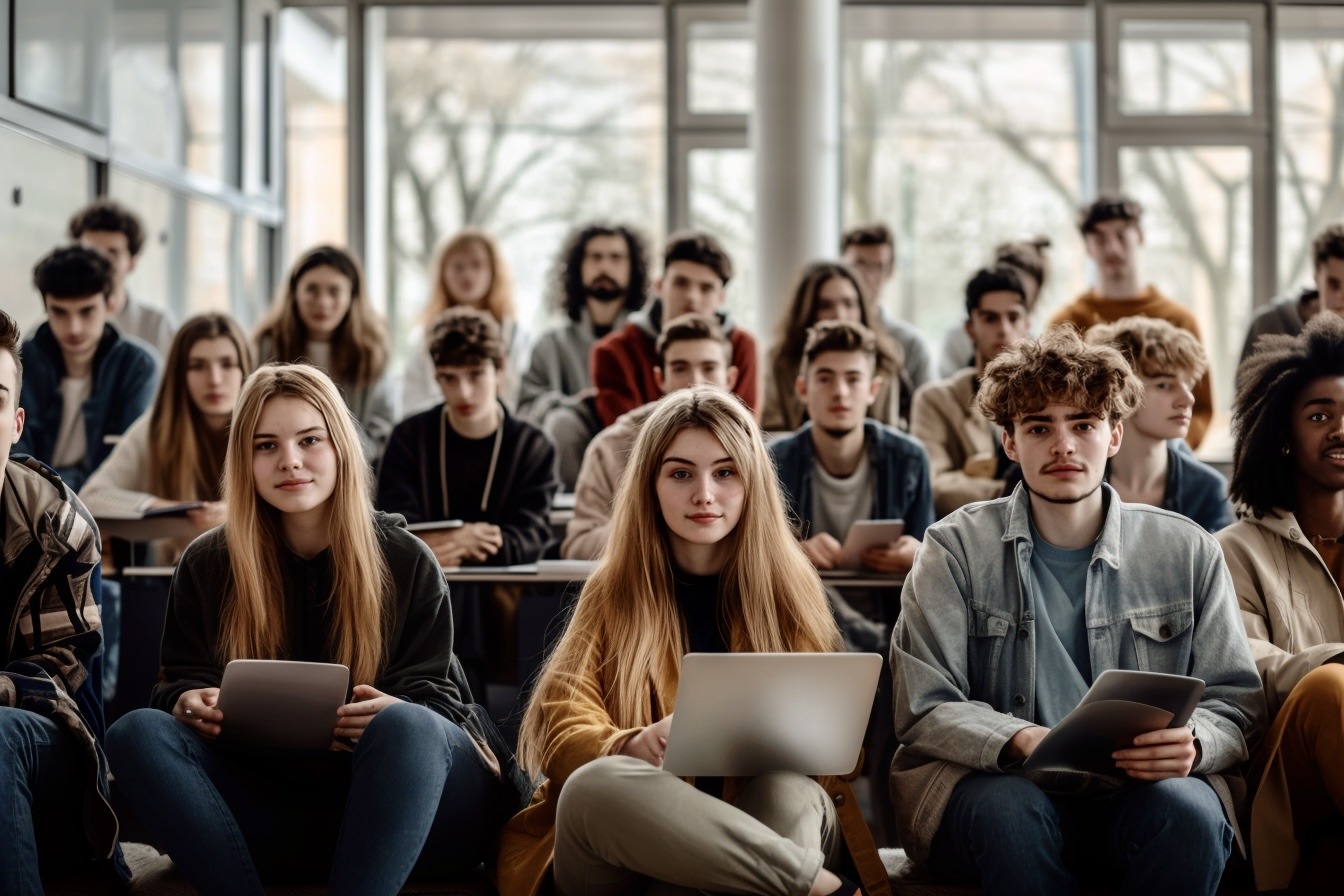 Studierende mit Laptops und Tablets in einem hellen Hörsaal, die das Campus-Management-System TraiNex nutzen