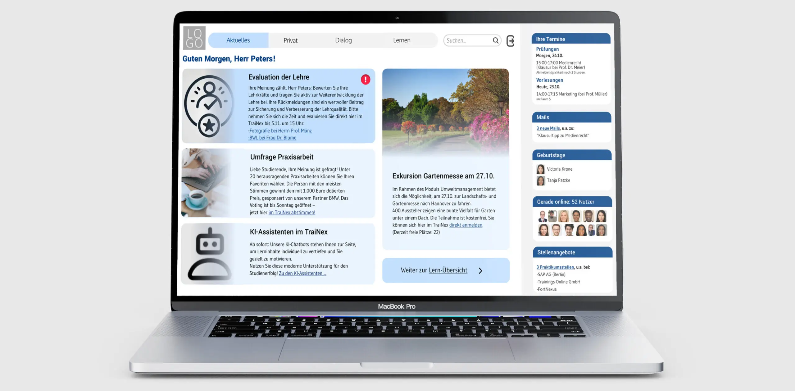 Die personalisierte TraiNex-Startseite eines Studierenden auf einem MacBook
